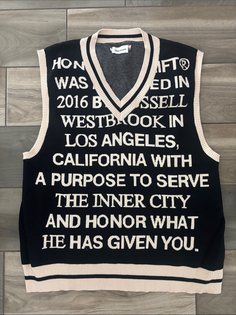 Black and Cream V-Neck Text Knit Sweater Vest